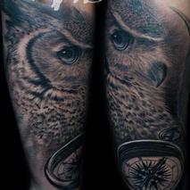 Great horned owl and compass  Tattoo Thumbnail