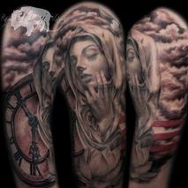 Virgin Mary touching Face and clock Tattoo Thumbnail